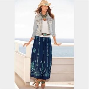 NWT Boston Proper Embroidered Boho Navy Maxi Skirt Women’s Size L